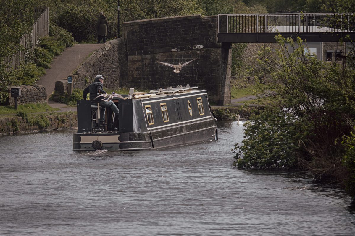Narrow boat approaching a bridge on the canal
