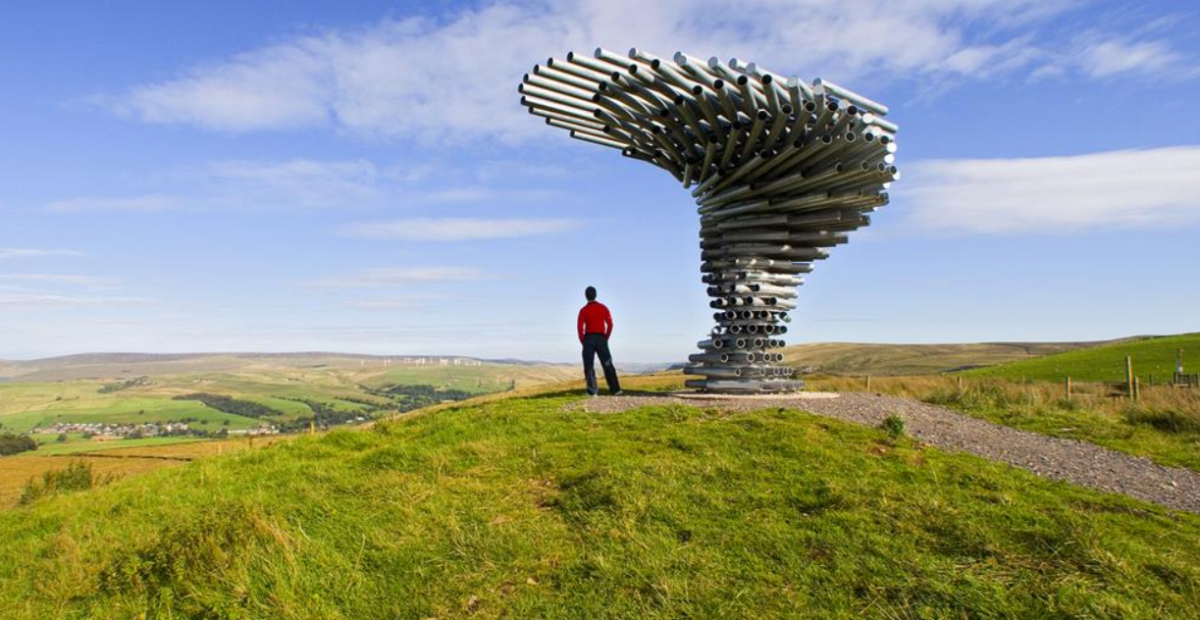 Lone person stood on hill, under singing ringing tree art installation.